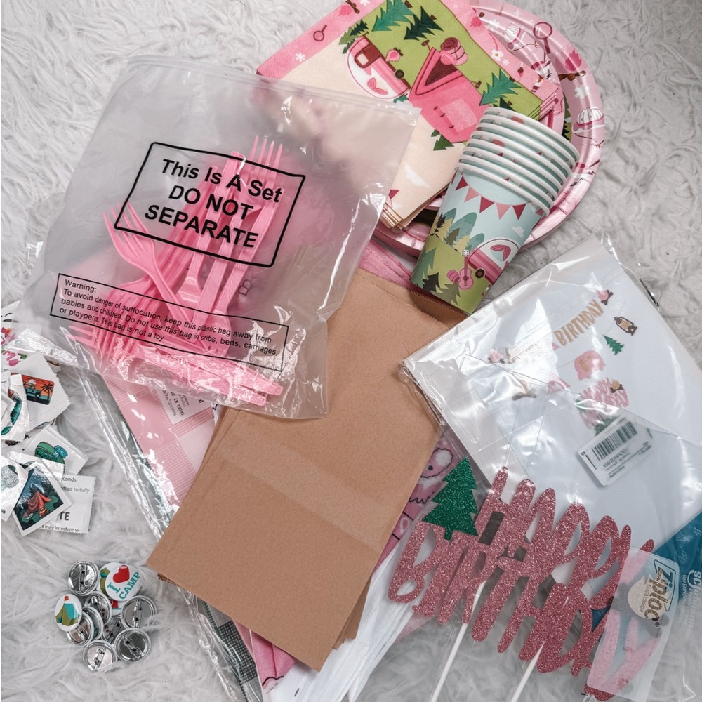 Pink and Green Camp Themed Party Supplies Set
